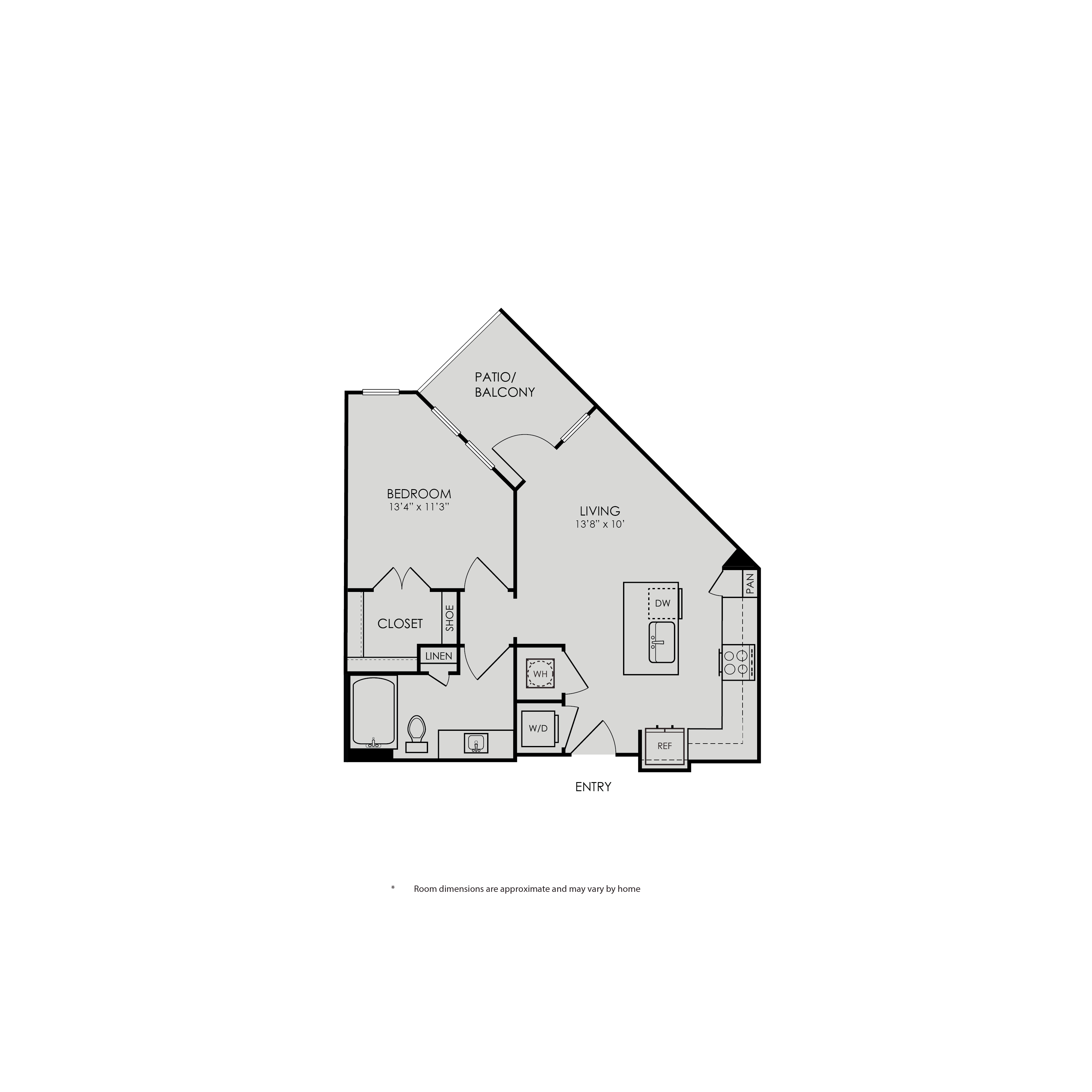 Floor plan for 1 bed, 1 bath, 637 sqft